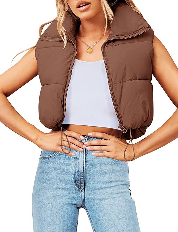 MEROKEETY Women's Crop Puffer Vest Lightweight Stand Collar Sleeveless Zip Up Padded Gilet Coat a... | Amazon (US)
