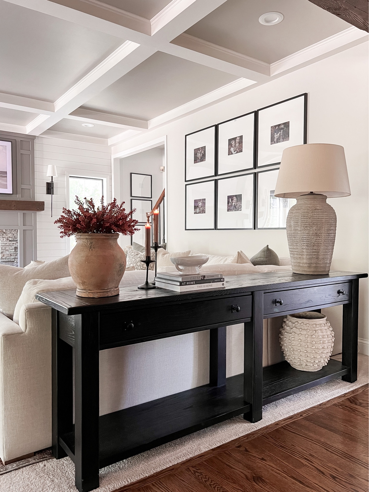 Spring console table styling inspiration , black console table, pottery barn console, benchwright collection, gallery frames 

#LTKstyletip #LTKhome #LTKFind