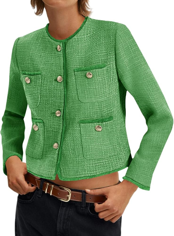 Cicy Bell Tweed Blazers for Women 2025 Collarless Button Down Womens Cropped Jackets | Amazon (US)