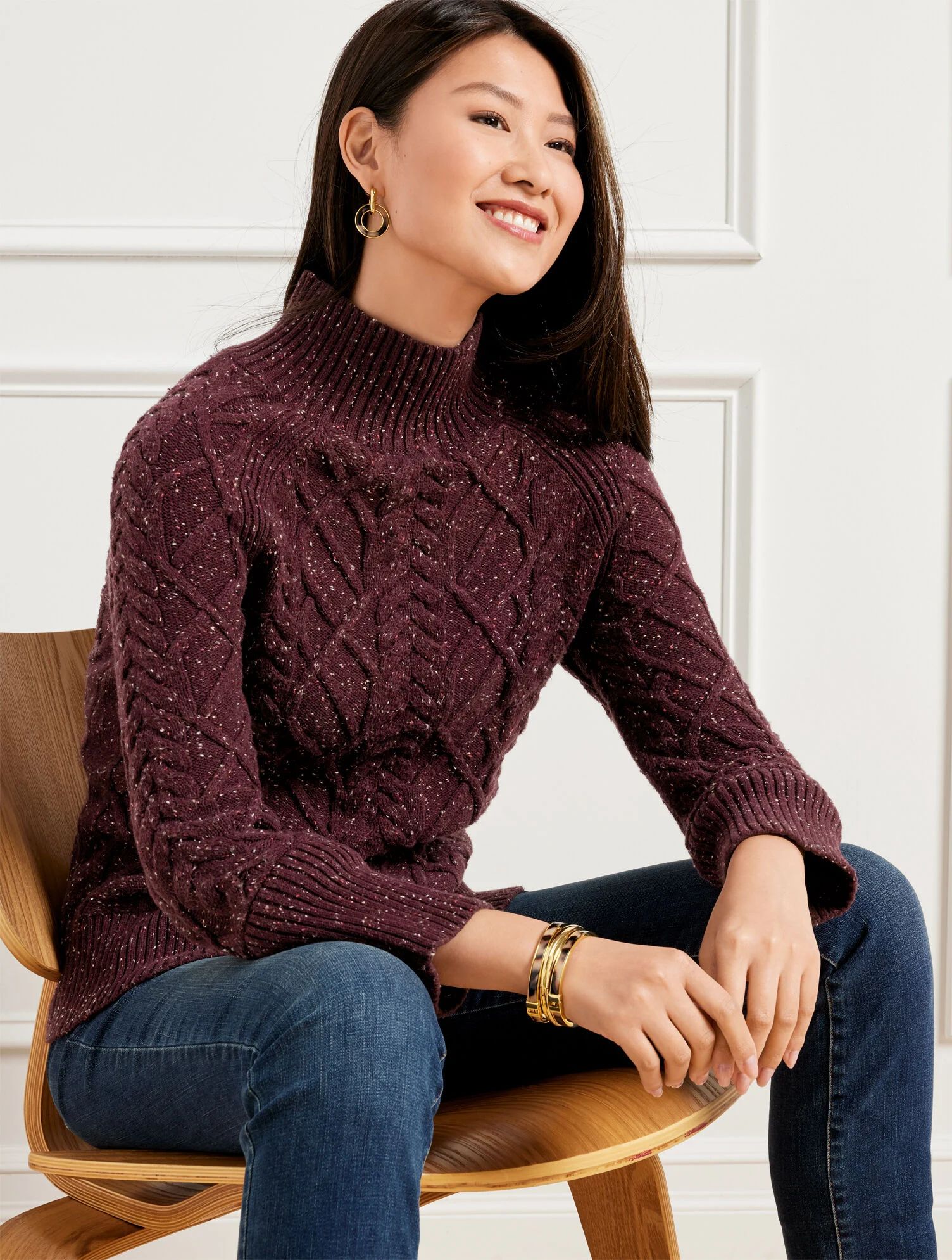 Cable Knit Tweed Mockneck Sweater | Talbots