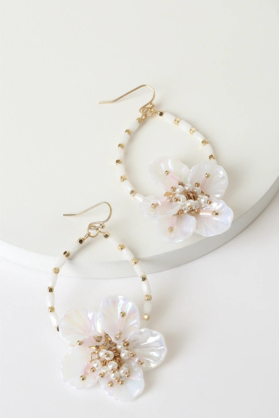 Dewy Garden White and Gold Beaded Flower Teardrop Hoops | Lulus (US)