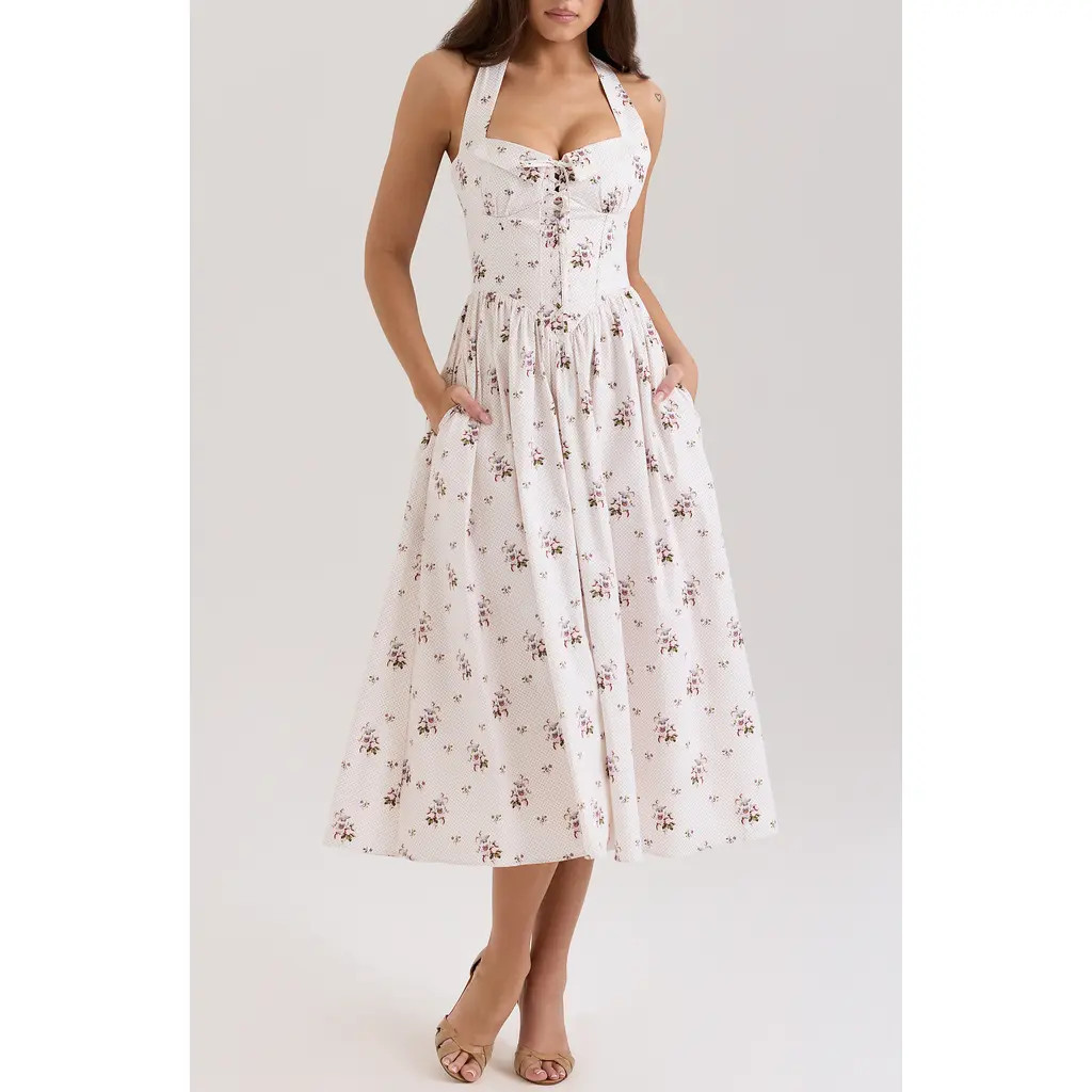 HOUSE OF CB Emiliana Floral Corset Halter Midi Dress in Berry Spot Cream at Nordstrom, Size Medium | Nordstrom