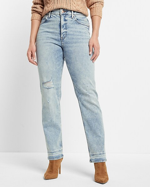 High Waisted Light Wash Ripped Straight Jeans | Express