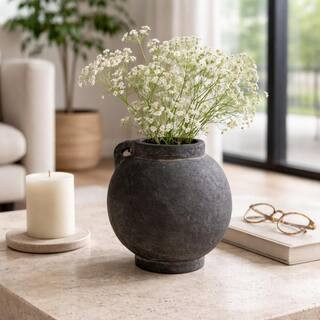 Liv & Skye 10 in. Black Terracotta Round Bulbous Jug Decorative Vase with Handle 20488-05 - The H... | The Home Depot