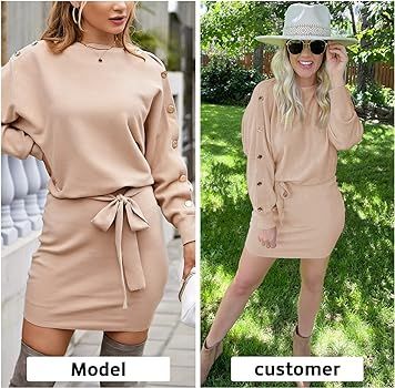 EXLURA Womens Off Shoulder Sweater Dresses Boat Neck Long Sleeve Knitted Tie Wasit Bowknot Pullov... | Amazon (US)
