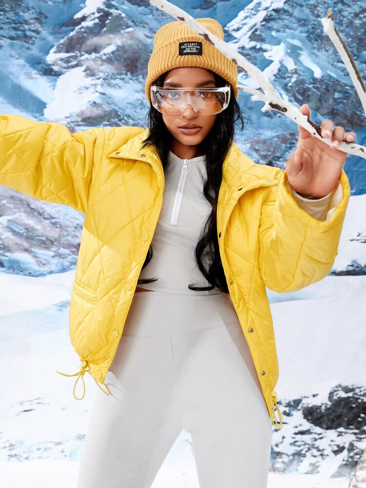 Drawstring Hem Dual Pocket Drop Shoulder Quilted Coat | SHEIN