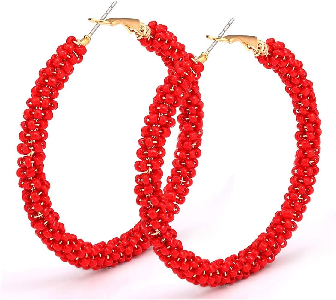 Beaded Hoop Earrings for Women Mixed Color Bead Dangle Earrings Bohemia Hoop Dangle Earring Studs... | Amazon (US)