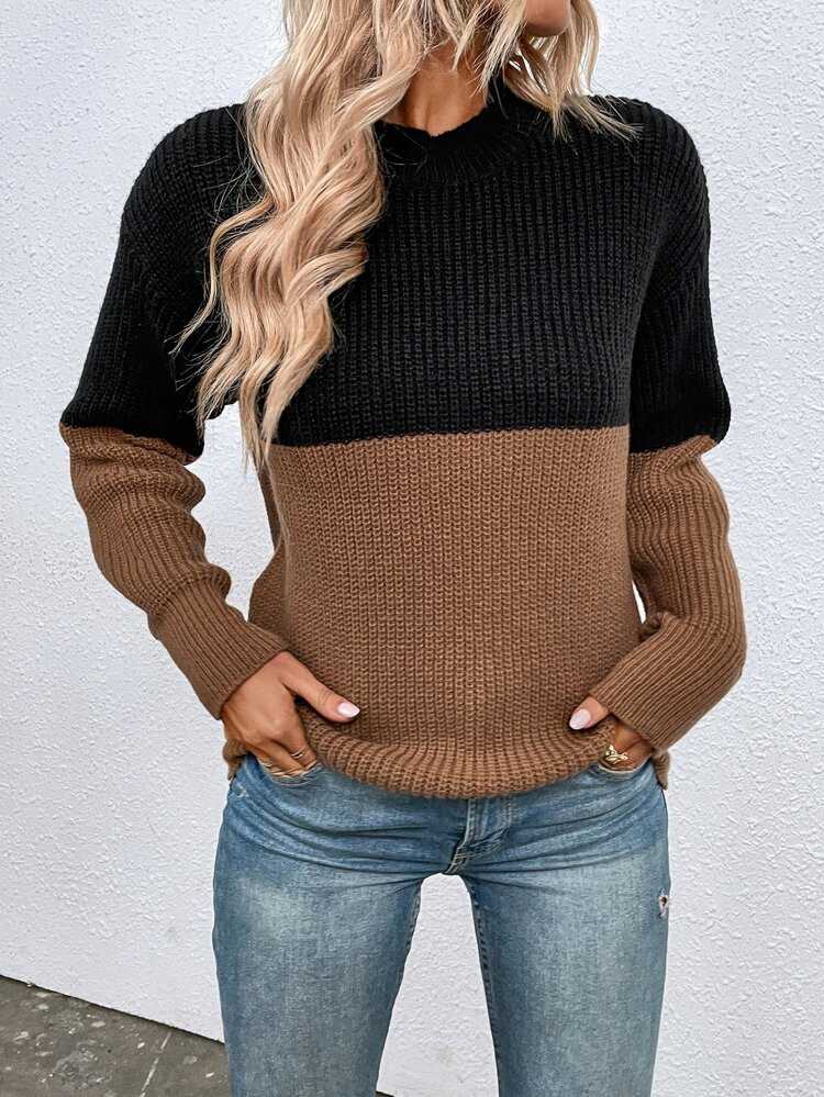 Two Tone Mock Neck Drop Shoulder Sweater | SHEIN