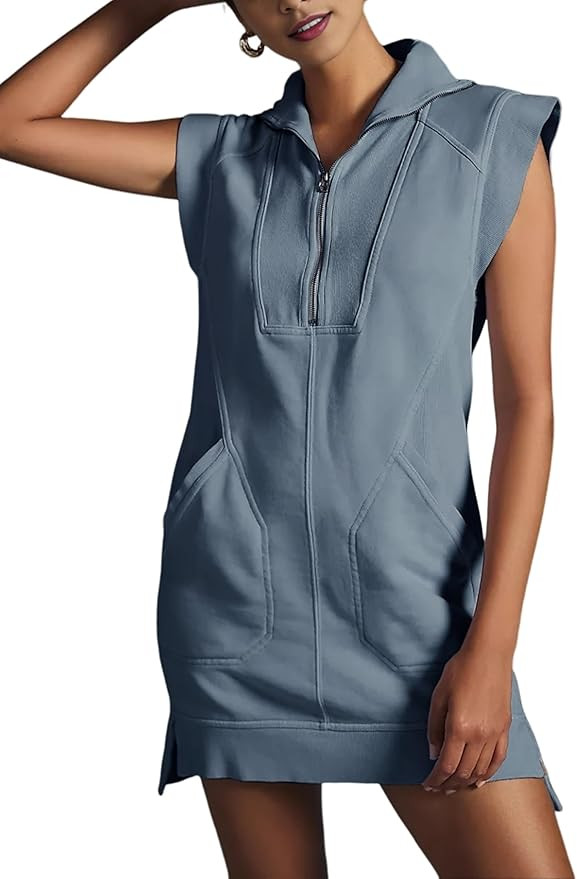 Qiaomai Womens Half Zip Sweatshirt Dresses Summer V Neck Sleeveless Pullover Tunic Tops Mini Dres... | Amazon (US)