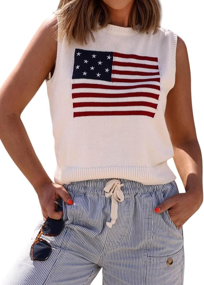 Dressmine Womens Sleeveless American Flag Sweater Vest Summer USA Knit Crop Tops Casual Trendy 20... | Amazon (US)