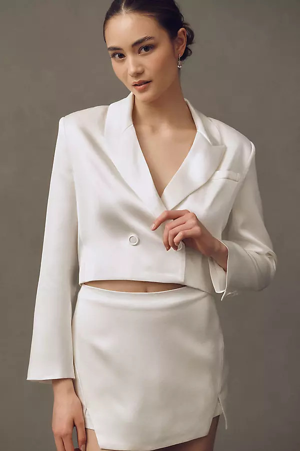 Double-Breasted Crop Satin Blazer Jacket | Anthropologie (US)