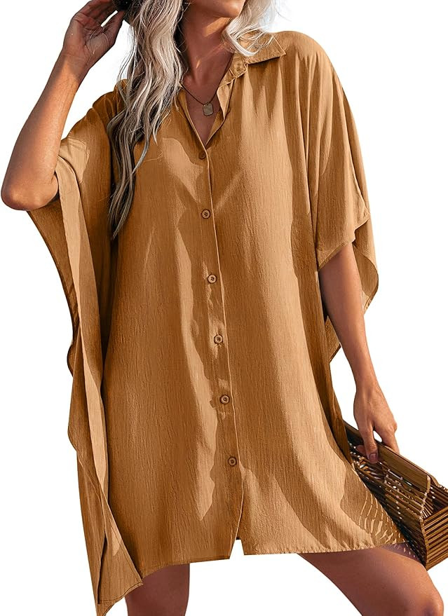 Ekouaer Women's Swimsuit Cover Up 3/4 Sleeve Beachwear Bikini Coverups Button Down Oversized Cove... | Amazon (US)