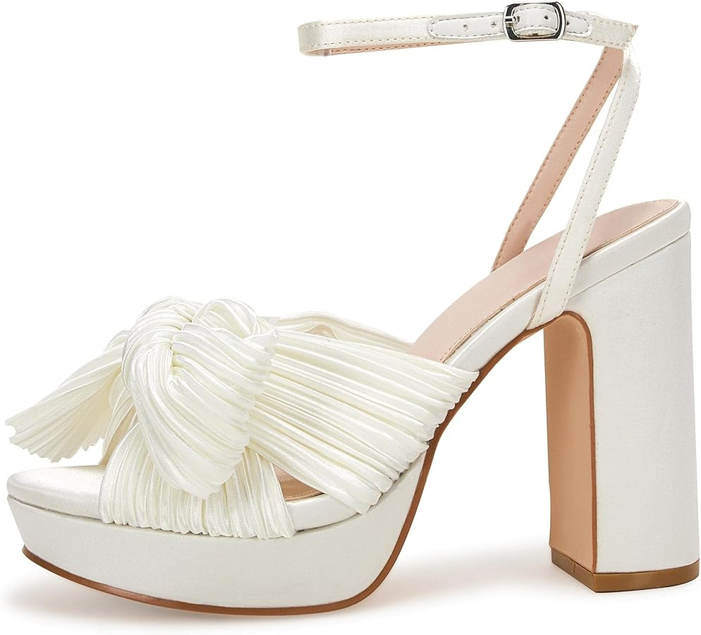 VETASTE Women's Pleated Bow Knot Platform Heeled Sandals Open Toe Chunky Block Heel Ankle Buckle ... | Amazon (US)