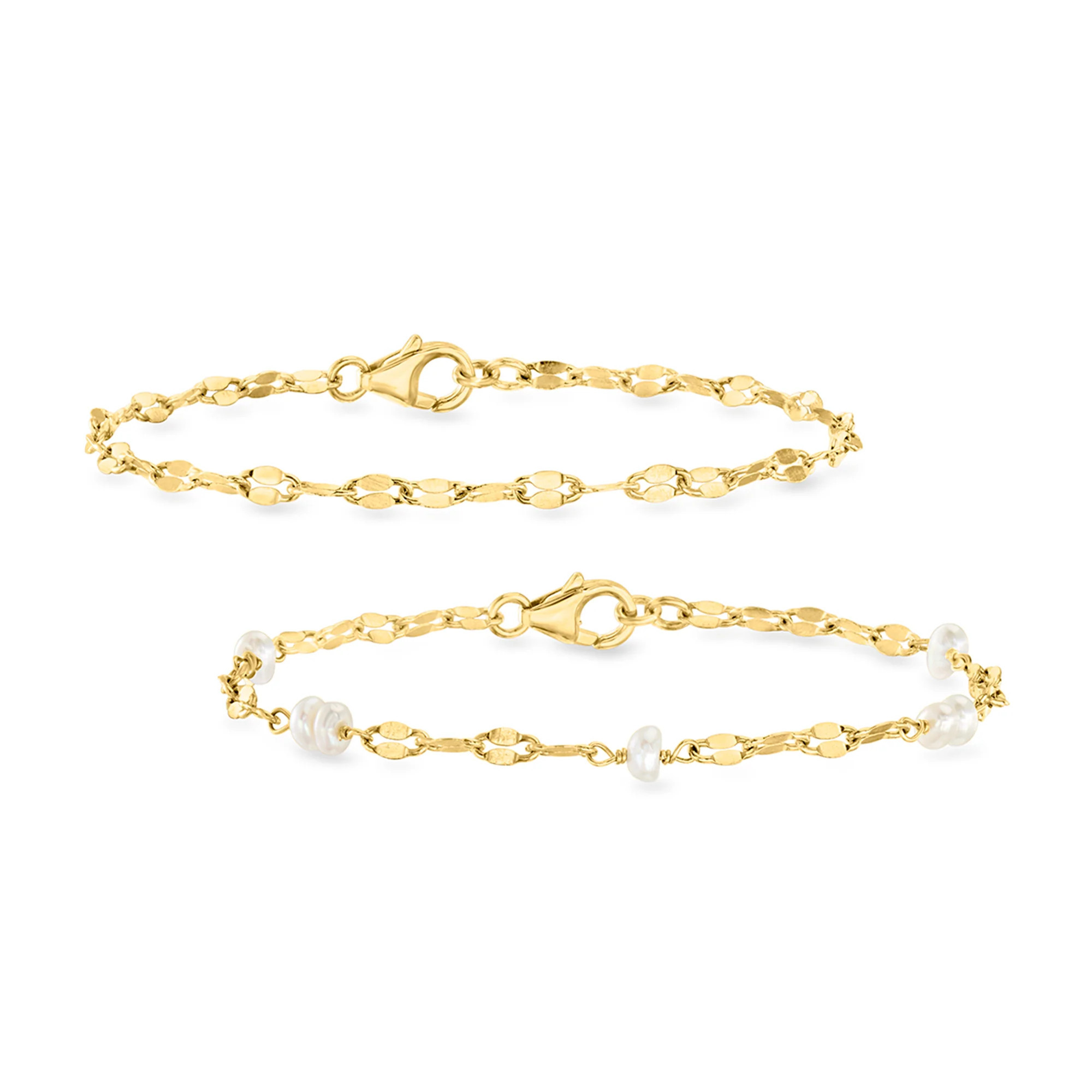 Ross-Simons 4mm Cultured Pearl and 18kt Gold Over Sterling Jewelry Set: 2 Lumachina-Chain Bracelets | Shop Simon