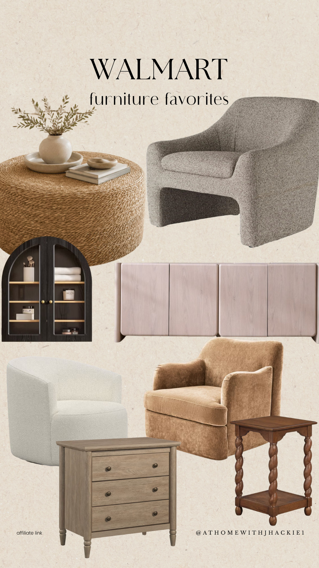 Walmart Furniture Favorites, Walmart furniture, Walmart home finds, Walmart furniture finds, affordable furniture, living room furniture, accent chairs, swivel chair, boucle chair, coffee table, woven coffee table, side table, console cabinet, storage cabinet, nightstand, bedroom furniture, modern furniture, neutral furniture, organic modern decor, high-end Walmart finds, budget home decor, designer look for less, home furniture inspiration, Walmart decor, cozy living room, affordable home

#LTKHome #LTKSaleAlert