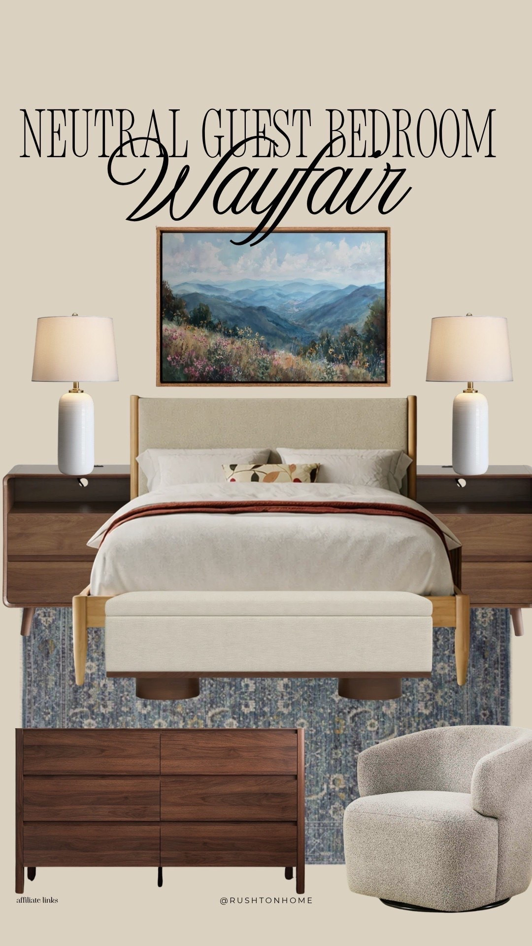 Neutral Guest Bedroom Wayfair, neutral guest bedroom, wayfair bedroom finds, guest bedroom inspiration, modern guest bedroom, neutral bedroom decor, walnut bedroom furniture, upholstered bed frame, blue vintage rug, boucle accent chair, bedroom styling ideas, cozy guest room, organic modern bedroom, affordable wayfair furniture, layered neutral bedroom, mountain landscape wall art, bedside lamp decor, warm wood furniture, designer inspired bedroom, curated bedroom aesthetic, home bedroom inspiration

#LTKvlog #LTKmomlife #LTKHome