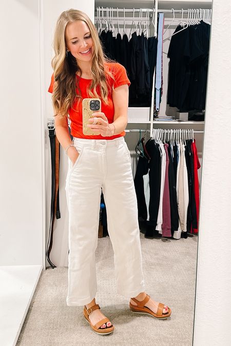 I tried on 4 different shirts before I landed on this one.

These white pants are Everlane via thredup but the Gap ones are VERY similar and on sale! 
