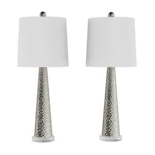 30.25 in. Metallic Silver and Ivory Contemporary Hammered-Look Glass LED Table Lamps (Set of 2) | The Home Depot