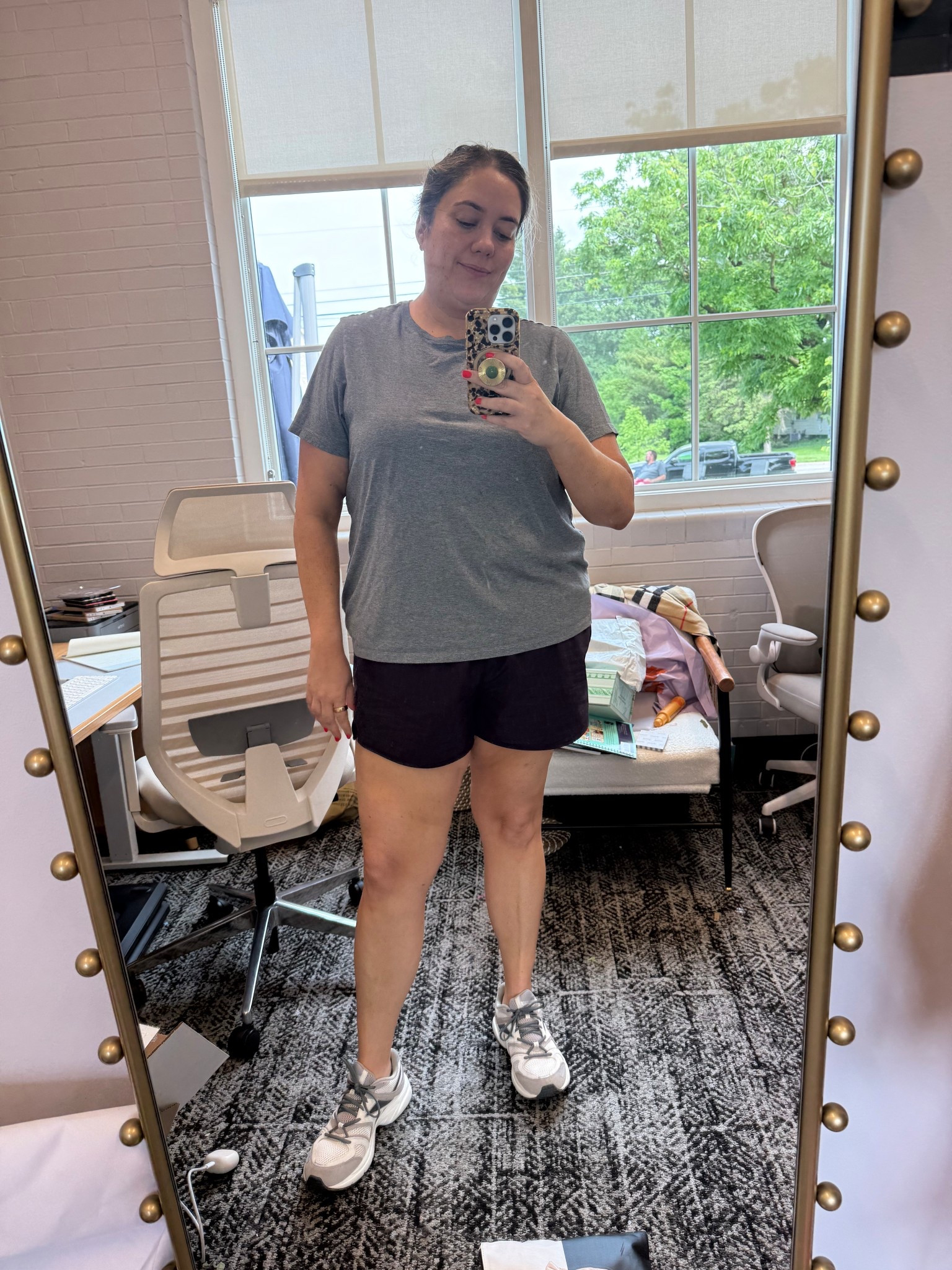 After putting this tee on, I bought like five more in different colors because it magically made me look ten lbs smaller? I have not lost any extra weight. Haven't worked out in a month. It's something to do with the cut of this tee and where the arm hits! So incredibly flattering for my body. I'm in 2X here, which according to size chart, is my true size. 

Love these Old Navy shorts, too. They're true to size and running shorts that go up past your belly button despite saying mid rise. They are lined, but so comfortable! A perfect summer short. True to size  