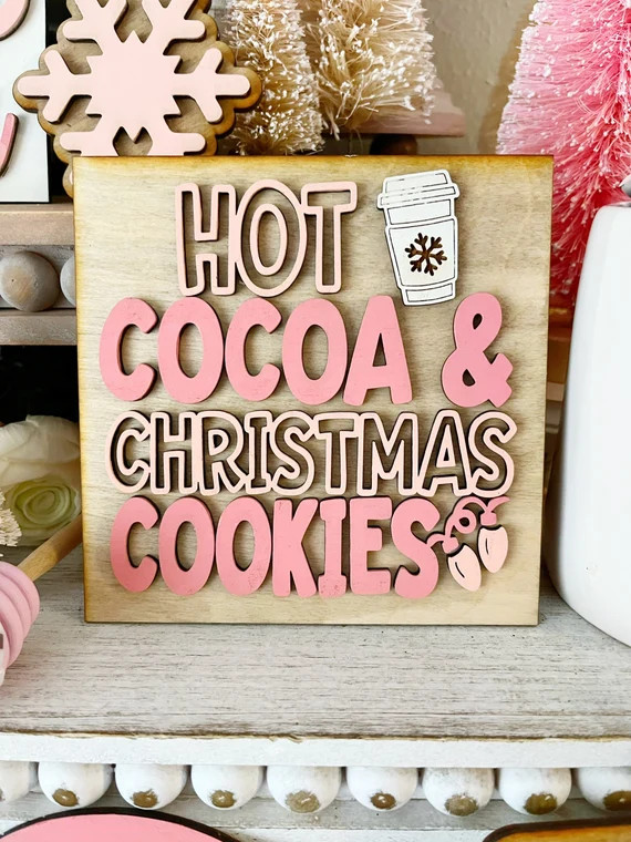 Hot cocoa and Christmas cookies sign, tiered tray Christmas theme, pink Christmas, blush Christma... | Etsy (US)