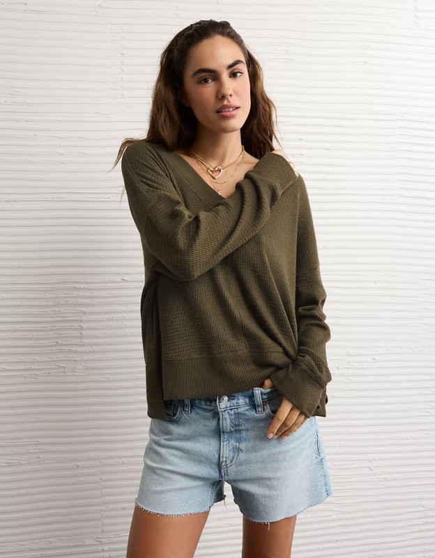 AE Long Sleeve Plush V-Neck Top | American Eagle Outfitters (US & CA)