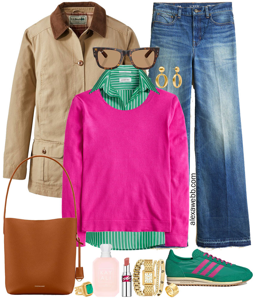 Plus Size Pink Sweater Preppy Outfits - A plus size casual outfit with a plus size bright pink sweater layered over a green striped shirt, wide leg jeans, green and pink adidas sneakers, and an on-trend barn jacket. A cute, preppy, and bright plus size outfit for casual days this winter into spring. Alexa Webb #alexawebb 

 #LTKOver40 #LTKMidsize #LTKPlusSize