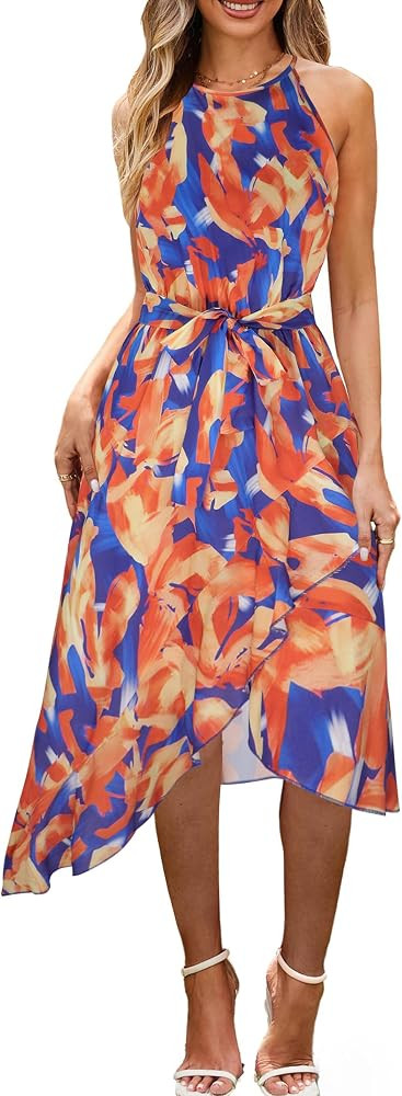 ECOWISH Polka Dot Women Summer Dresses Casual Midi A Line Ruffle High Low Sleeveless Boho Floral ... | Amazon (US)