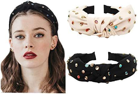 Knot Headbands for Women Knotted Pearl Colorful Rhinestone Jeweled 2 Pcs Beaded Wide Band Fashion He | Amazon (US)