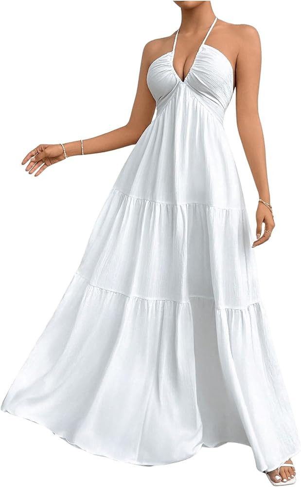SHENHE Women's Deep V Neck Tie Knot Backless Halter Dress A Line Flowy Ruffle Maxi Dress | Amazon (US)