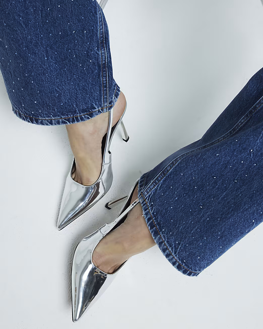 Silver metallic sling back heeled court shoes | River Island (UK & IE)