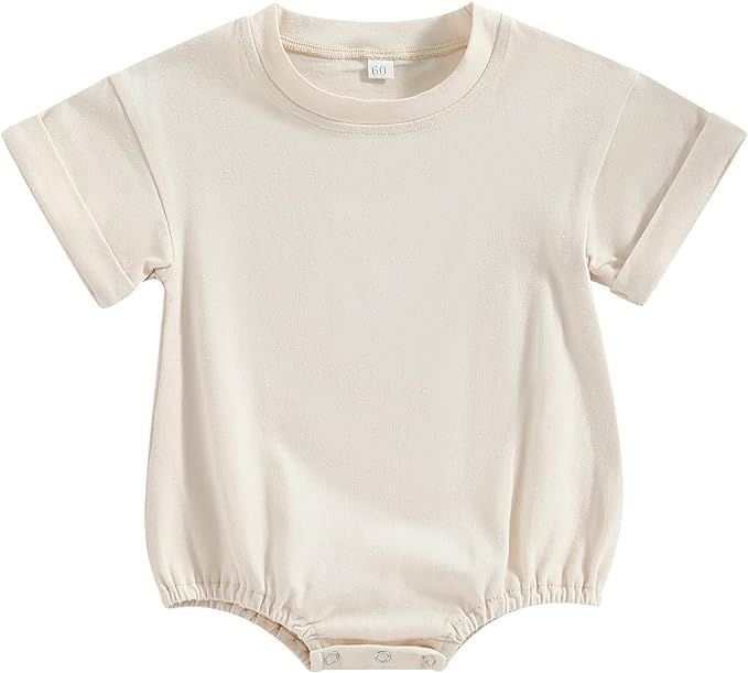 Unisex Baby Boy Girl Solid Color Short Sleeve Bubble Romper Oversized T-Shirt Romper Bodysuit Top... | Amazon (US)