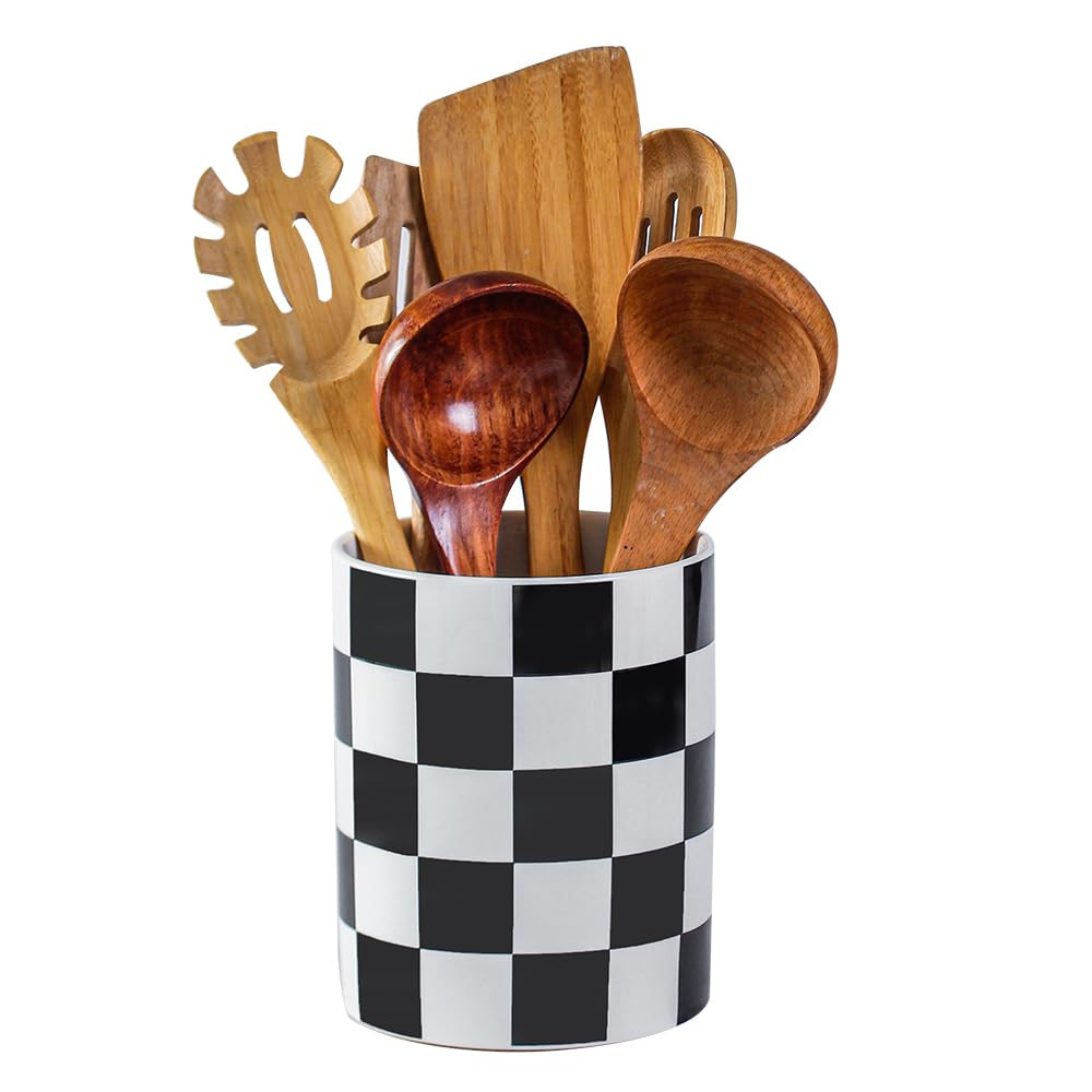Kitchen Utensil Holder, 6.3 Inch Checkered Ceramic Cooking Utensil Holder Modern Utensil Crocks f... | Amazon (US)
