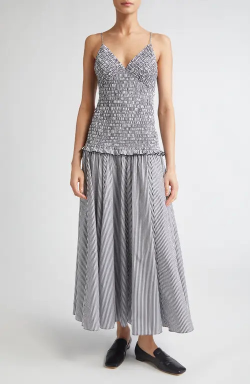 Brandon Maxwell The Josie Stripe Smocked Cotton Dress in Black/White Stripe at Nordstrom, Size 10 | Nordstrom