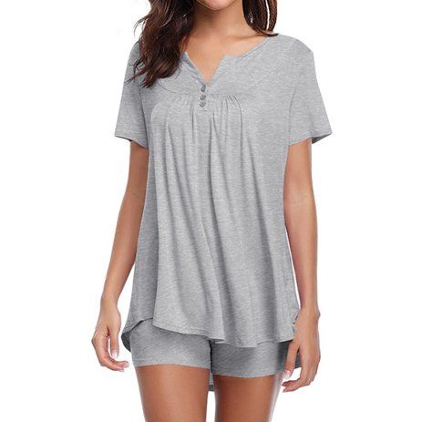 Women Solid Color V Neck Short Sleeve Button Sleepwear Set | Walmart (US)