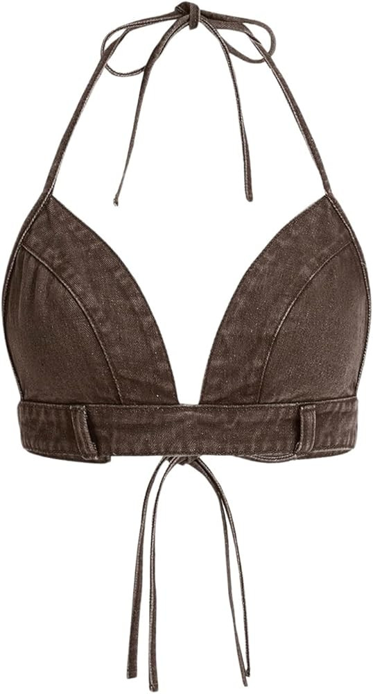 SHENHE Women's Denim Halter Top Tie Backless Triangle V Neck Sexy Jean Crop Top | Amazon (US)