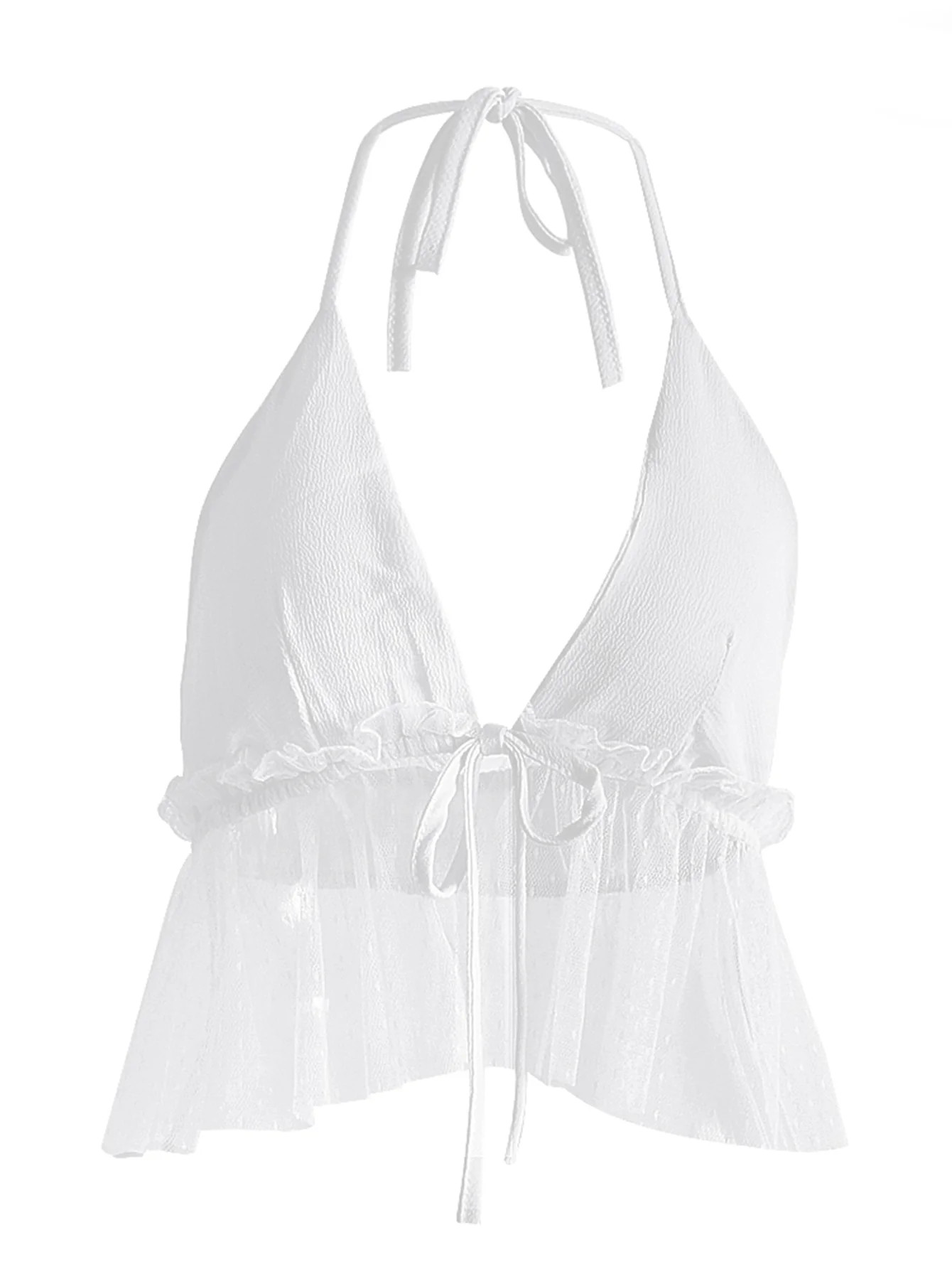 Halterneck Tie Back Mesh Ruffle Hem Crop Top (XL / Medium orchid) | 1Sansome