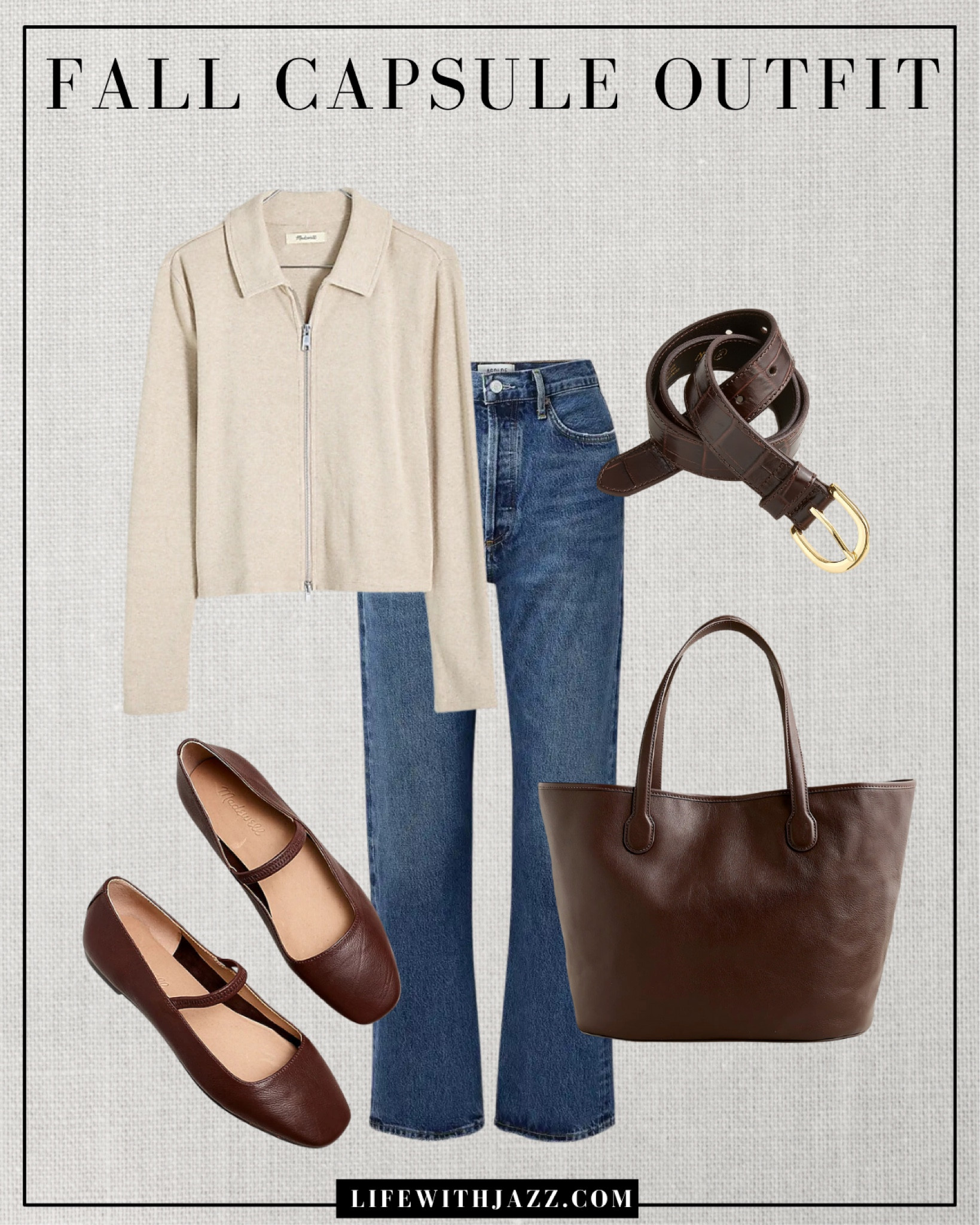 Fall capsule outfit 🤎 

Beige zip up cardigan / blue ankle jeans / brown belt / ballet flats / brown tote bag / Madewell / Nordstrom / fall style / fall fashion / fc24

#LTKSeasonal #LTKStyleTip