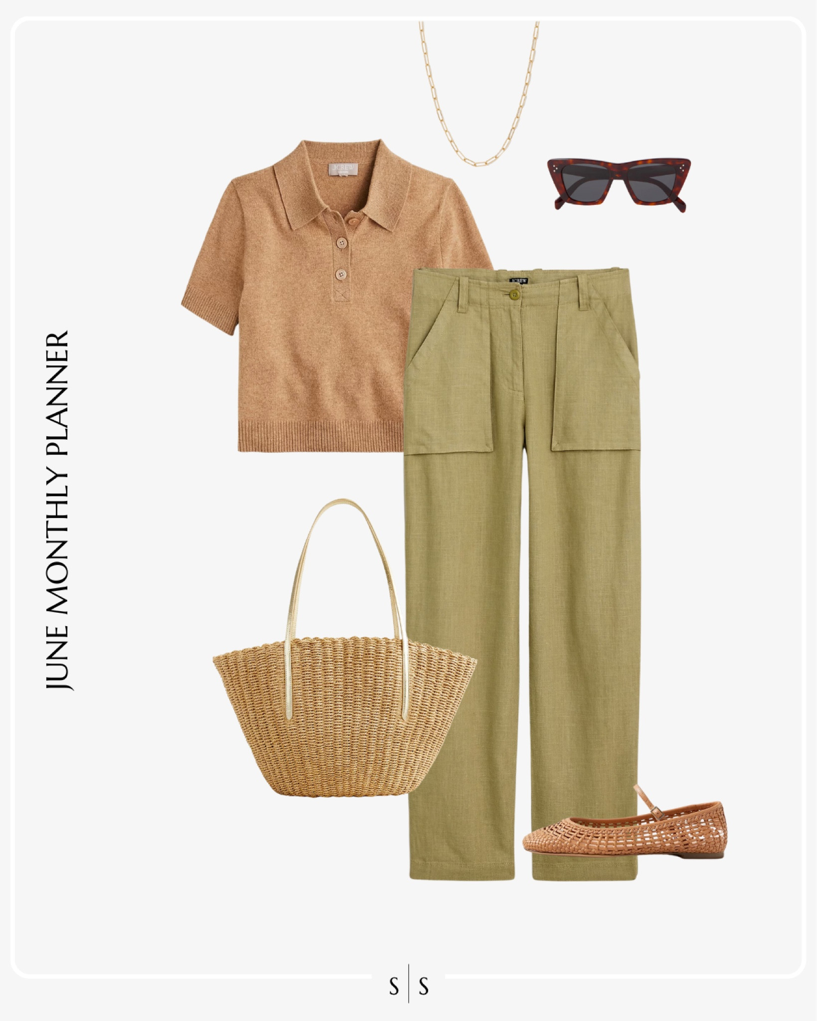 Monthly outfit planner JUNE: Spring & Summer looks | polo short sleeve sweater, olive cargo linen pant, woven ballet flat, straw basket tote

See the entire calendar on thesarahstories.com ✨ 


#LTKStyleTip