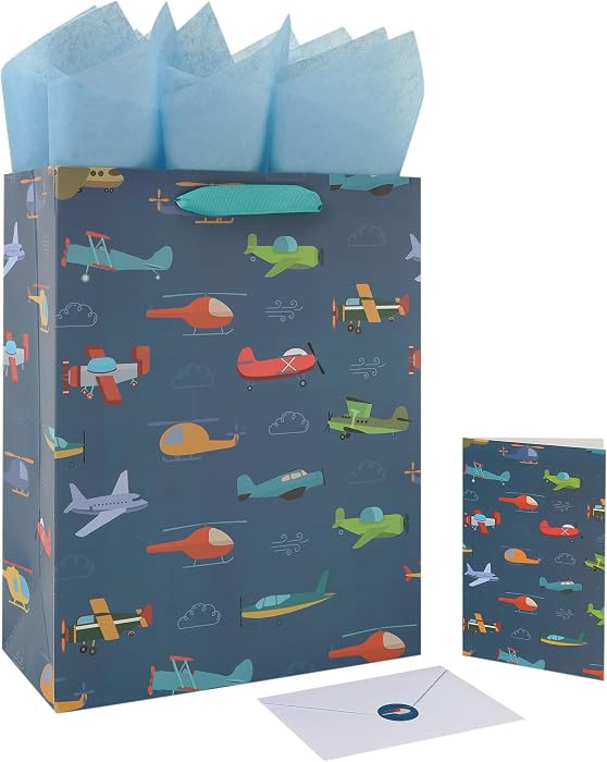 wishinside 13\u201d Large Helicopter Plane Gift Bag Set with Handles, Greeting Card, Tissue Paper... | Amazon (US)