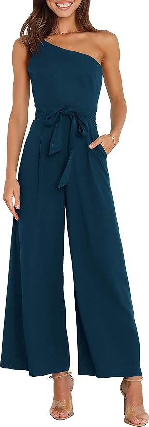 ANRABESS Women's Summer Dressy One Shoulder Sleeveless Tie Waist Backless Casual Wide Leg Jumpsui... | Amazon (US)