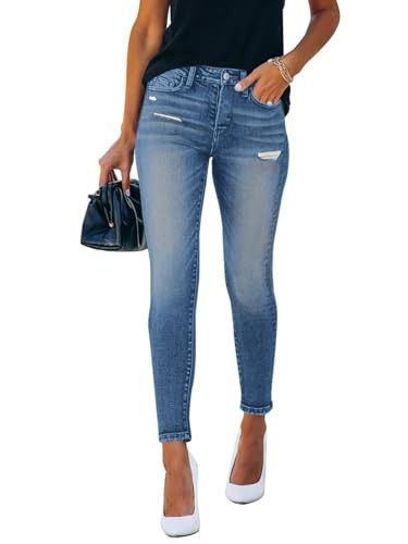 PerZeal Women's Jeans Mid Waisted Fashion Stretch Ripped Skinny Juniors Distressed Button Down Denim Pants (Pack of 2) Light Blue&Blue Small | Amazon (US)