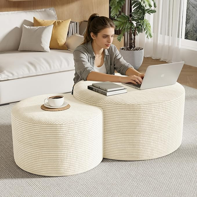 Round Nesting Coffee Table Set of 2,Upholstered Foam Ottoman Footrest Side Table Set,Modern Flann... | Amazon (US)