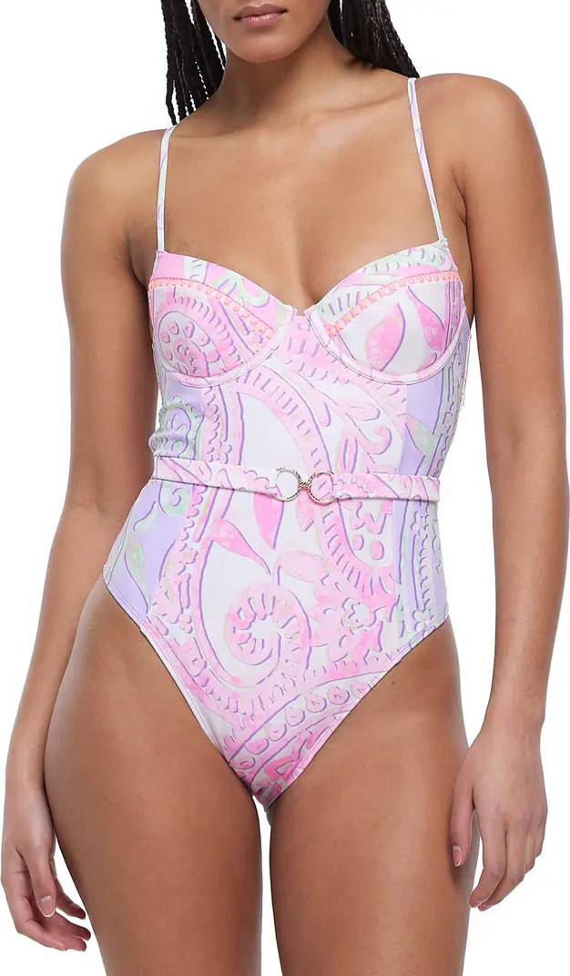 Belted Balconette Mix Print Underwire One-Piece Swimsuit | Nordstrom