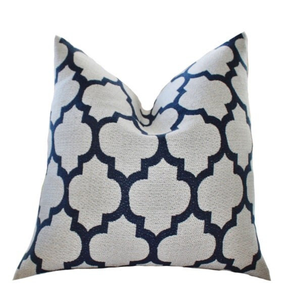 Decorative Blue Pillow Cover - Blue Ivory Quatrefoil Moroccan Pillow Covers - Navy Blue Trellis Pill | Etsy (US)
