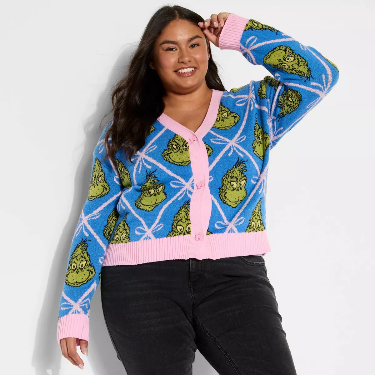Women's Grinch Festive Graphic Cardigan - Blue | Target