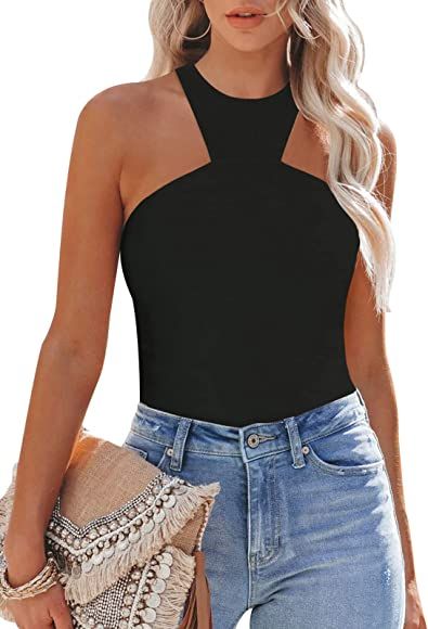 Adreamly Women's Sexy Sleeveless Racer Back Asymmetrical Neck Bodysuit Tank Tops | Amazon (US)