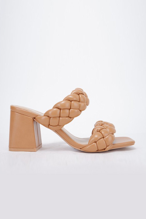 Braided Woven Two Strap Chunky Heels-Camel Brown | Fashion Junkee