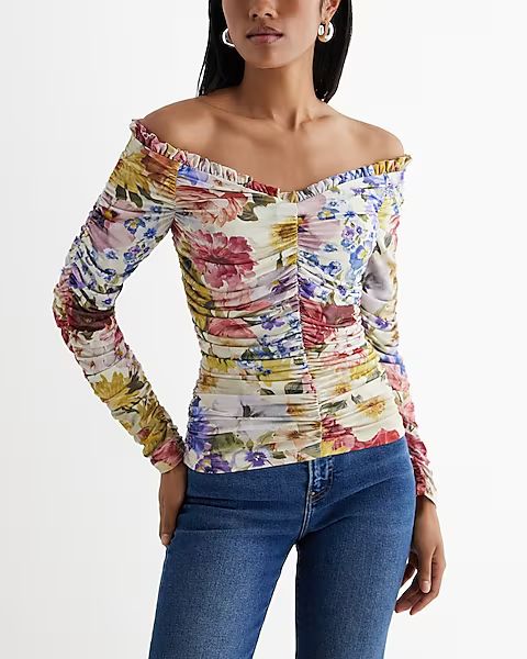 Body Contour Compression Floral Off The Shoulder Ruched Tee | Express