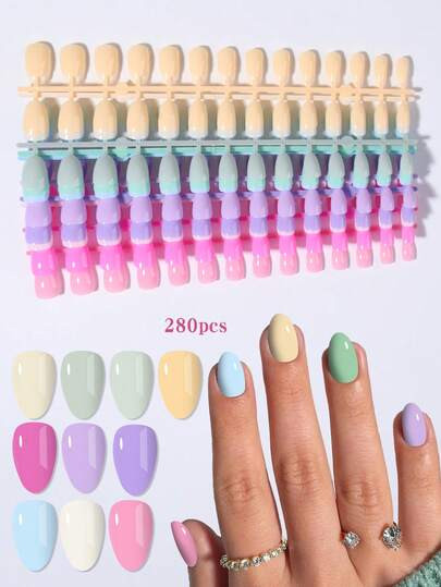 Random 280pcs (12 Styles Mixed) Short Oval Glossy Press-On Nails, Macaron Color Palette Set, Acrylic Material, Short Perfect Fit False Nail Set, Summer Nails | SHEIN