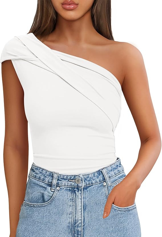 ZESICA Women's One Shoulder Tank Tops 2025 Summer Sleeveless Going Out T Shirts Knit Slim Fit Fas... | Amazon (US)